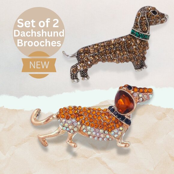 Set of 2 NEW Pets Dachshund Dog Breed Rhinestone Bling CZ Collar Brooches Pins - Picture 1 of 6